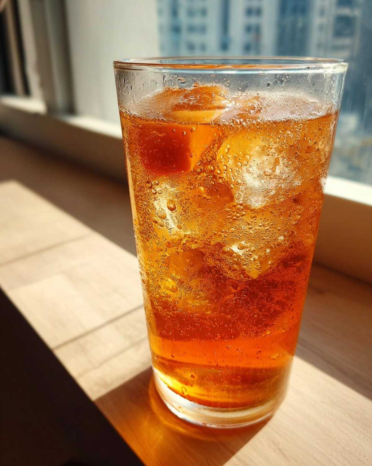Close-up of a tall glass filled with cold Iced Peach Green Tea and ice cubes, sweating condensation.