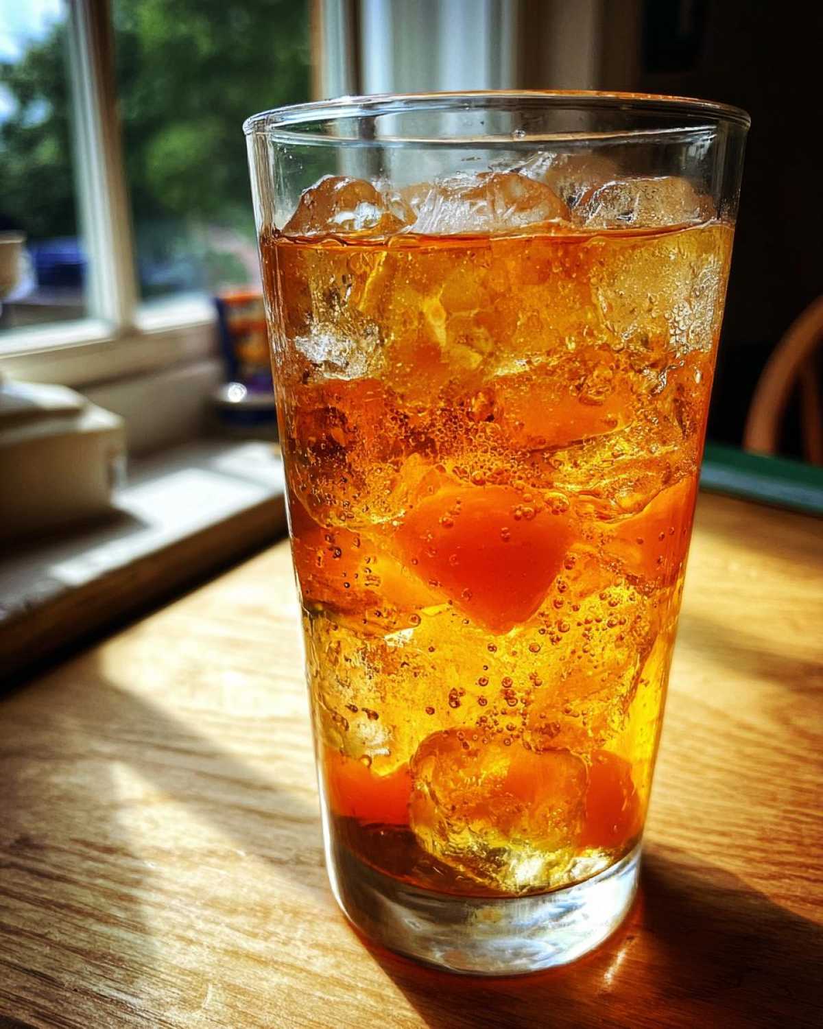 Close-up of a tall glass filled with bubbly, amber Iced Peach Green Tea and large ice cubes.