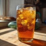 A tall glass filled with bubbly Iced Peach Green Tea and ice, catching the sunlight on a wooden counter.