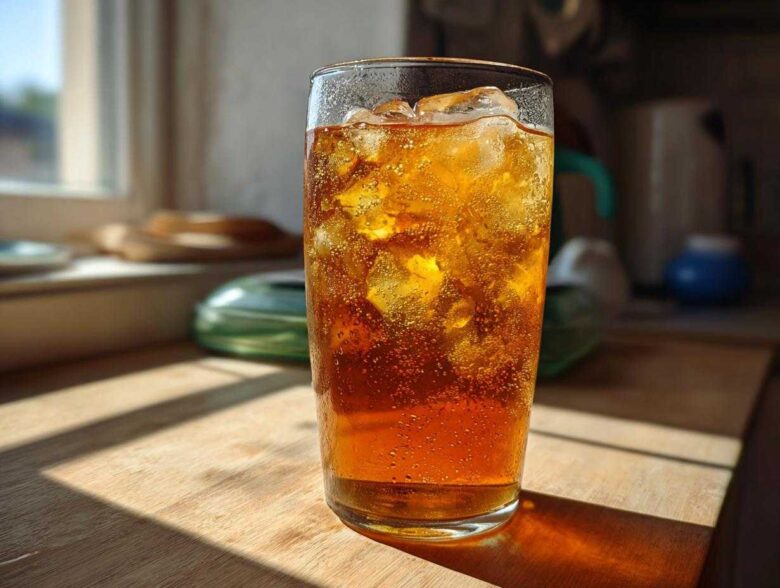 A tall glass filled with bubbly Iced Peach Green Tea and ice, catching the sunlight on a wooden counter.