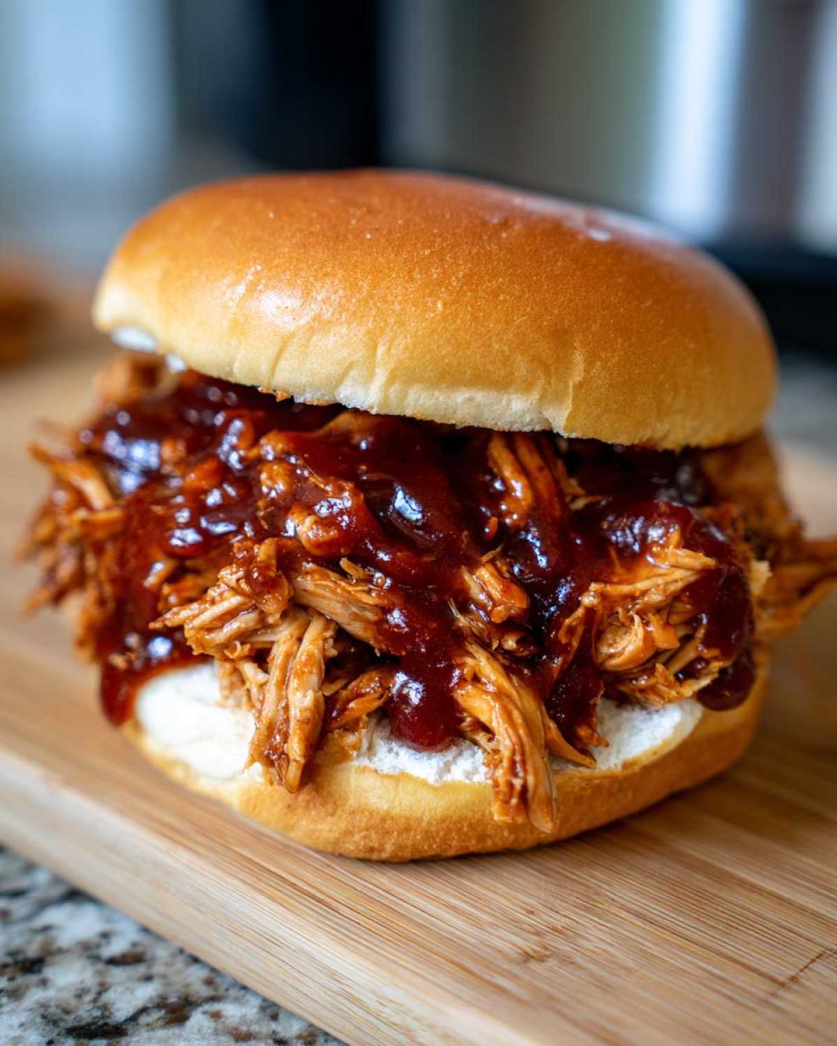 Close-up of a juicy Instant Pot BBQ Pulled Chicken Sandwich piled high on a brioche bun.