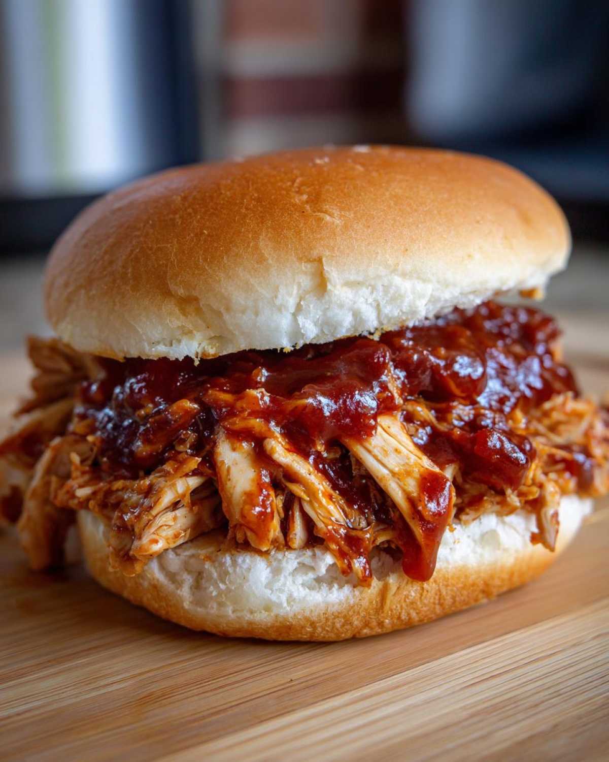 Close-up of a delicious Instant Pot BBQ Pulled Chicken Sandwich piled high on a soft bun with rich sauce.