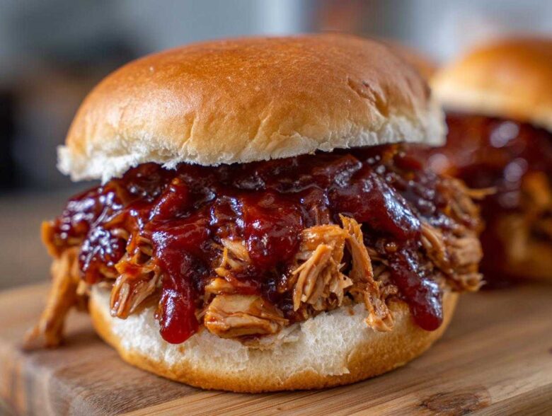 Close-up of a juicy Instant Pot BBQ Pulled Chicken Sandwich piled high with shredded chicken and thick BBQ sauce on a soft bun.