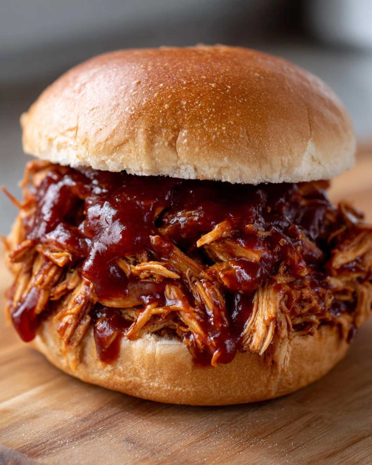Close-up of a delicious Instant Pot BBQ Pulled Chicken Sandwich piled high on a brioche bun.