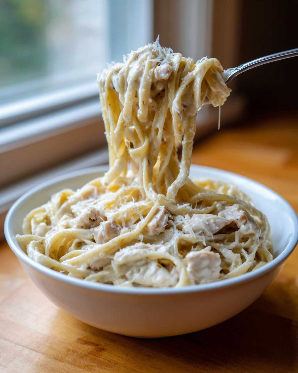 A fork lifts a generous portion of Instant Pot Creamy Chicken Alfredo Pasta from a white bowl.