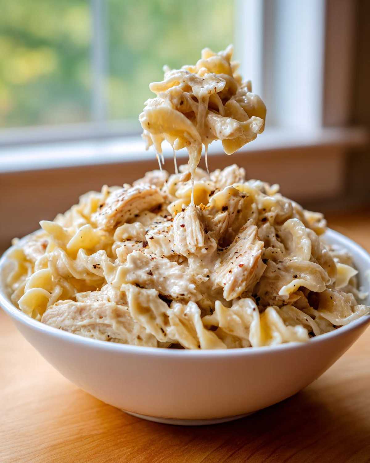 A spoonful of Instant Pot Creamy Chicken Alfredo Pasta being lifted, showing creamy sauce and cheese strings over a bowl of pasta.