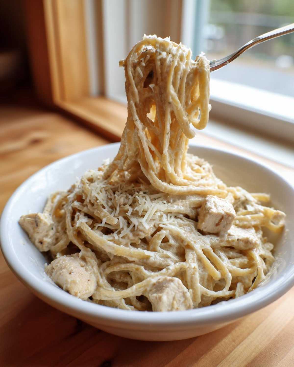 A fork lifts a large swirl of creamy fettuccine from a bowl of Instant Pot Creamy Chicken Alfredo Pasta topped with Parmesan.