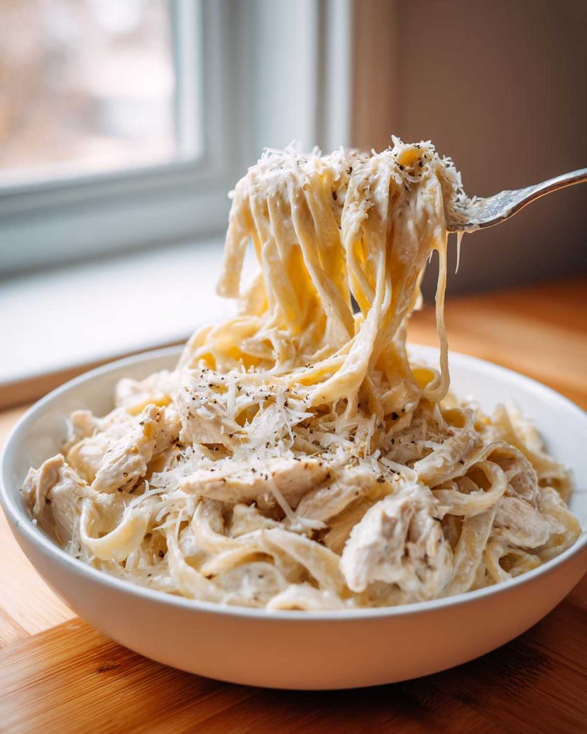 A fork lifting creamy fettuccine noodles and chicken from a bowl of Instant Pot Creamy Chicken Alfredo Pasta, topped with Parmesan.