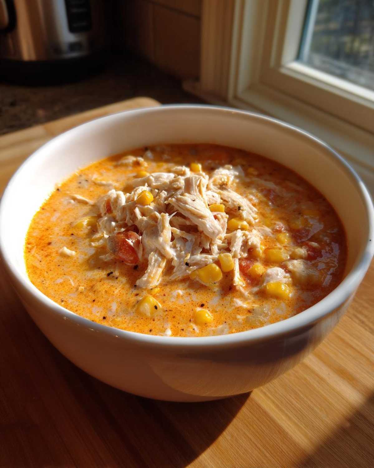 A white bowl filled with rich, orange-hued Instant Pot Creamy Chicken Taco Soup topped with shredded chicken and corn.