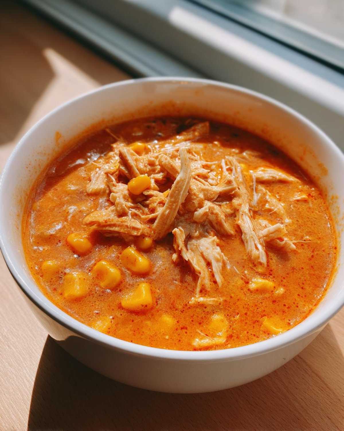 A close-up of a white bowl filled with rich, orange Instant Pot Creamy Chicken Taco Soup topped with shredded chicken and corn kernels.