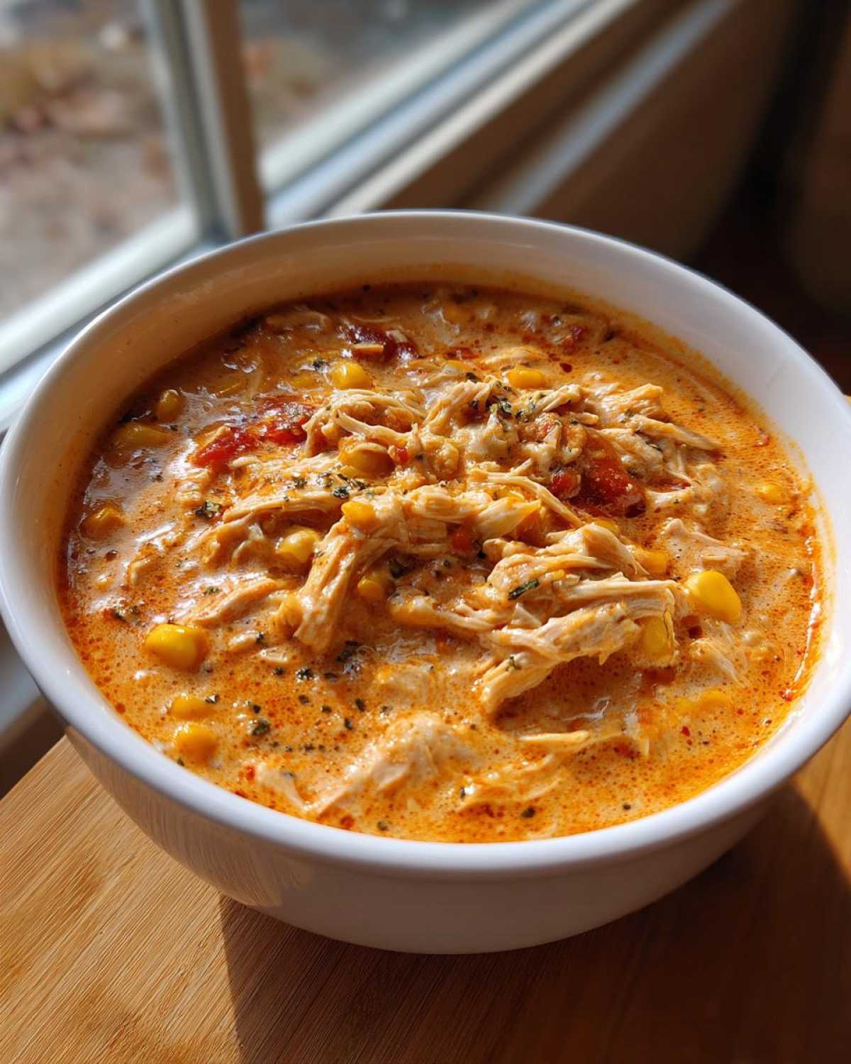 Close-up of a white bowl filled with rich, creamy Instant Pot Creamy Chicken Taco Soup, featuring shredded chicken and corn.