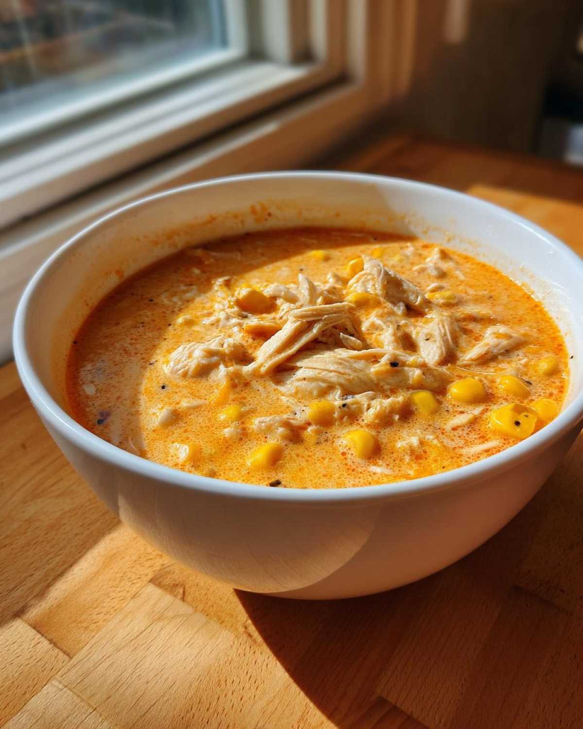 A white bowl filled with rich, orange-colored Instant Pot Creamy Chicken Taco Soup topped with shredded chicken and corn kernels.