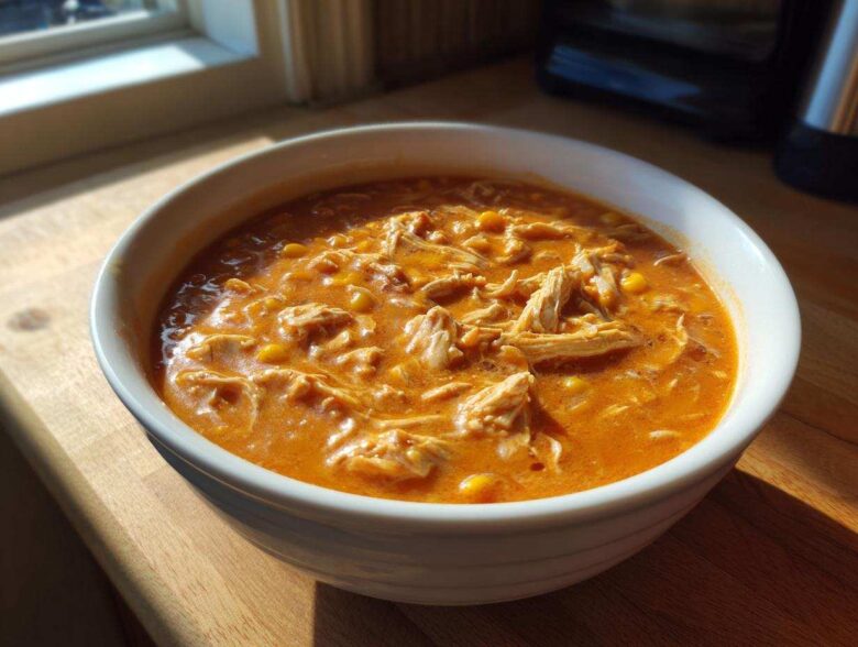 Close-up of a white bowl filled with rich, orange Instant Pot Creamy Chicken Taco Soup topped with shredded chicken and corn.