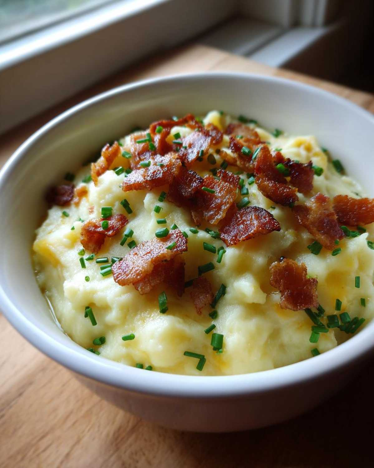A bowl of creamy Instant Pot Creamy Potato Soup with Bacon crumbles and fresh chives.