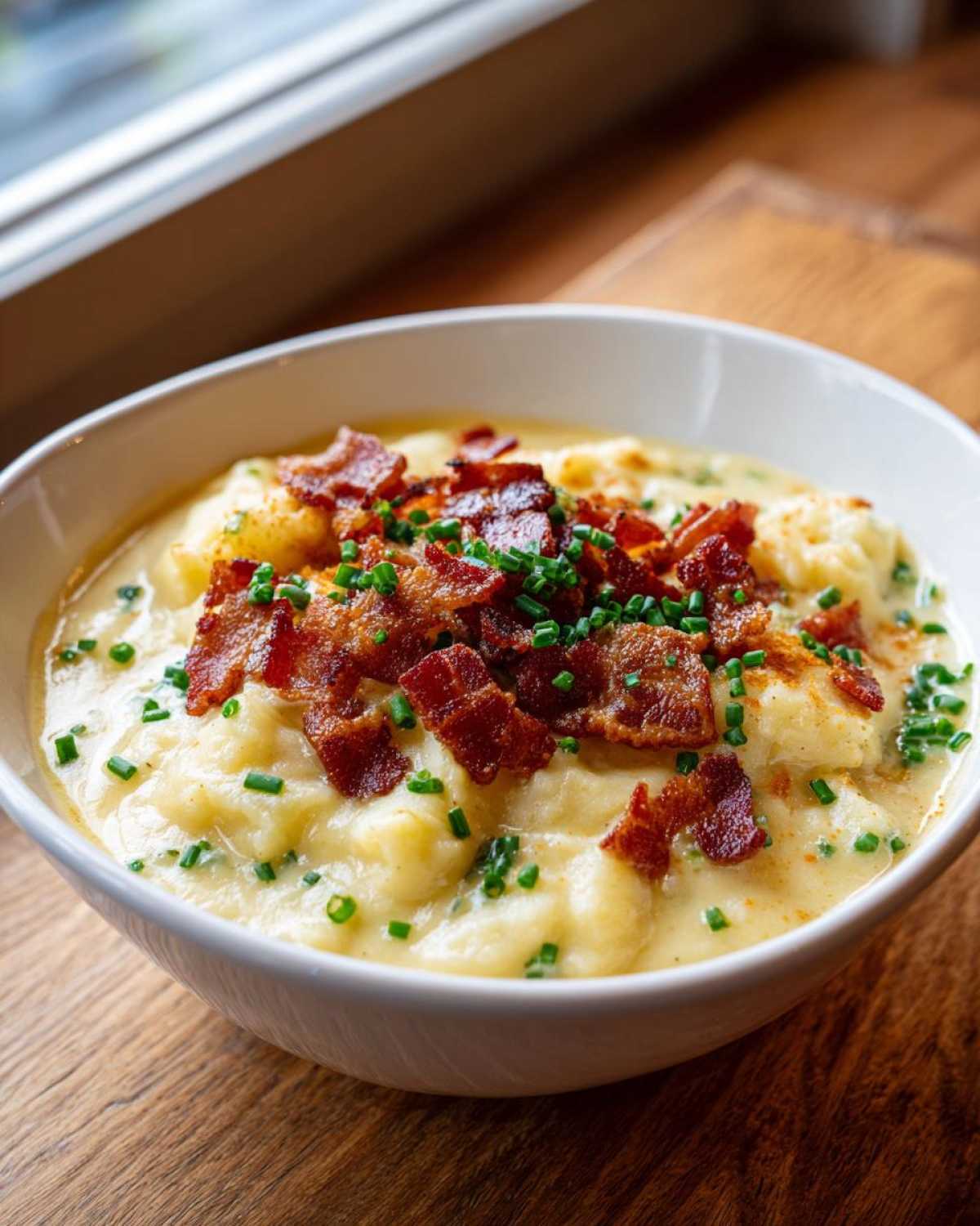 A close-up of Instant Pot Creamy Potato Soup with Bacon, topped with crispy bacon bits and fresh chives.