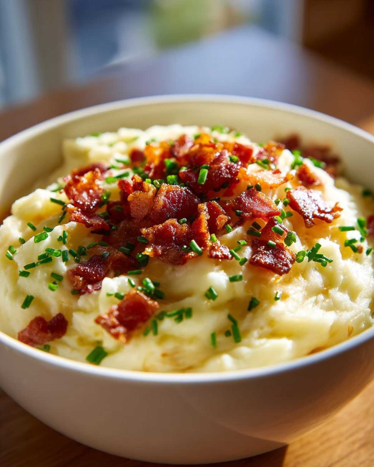 Close-up of a white bowl filled with Instant Pot Creamy Potato Soup with Bacon, topped generously with crispy bacon bits and fresh chives.