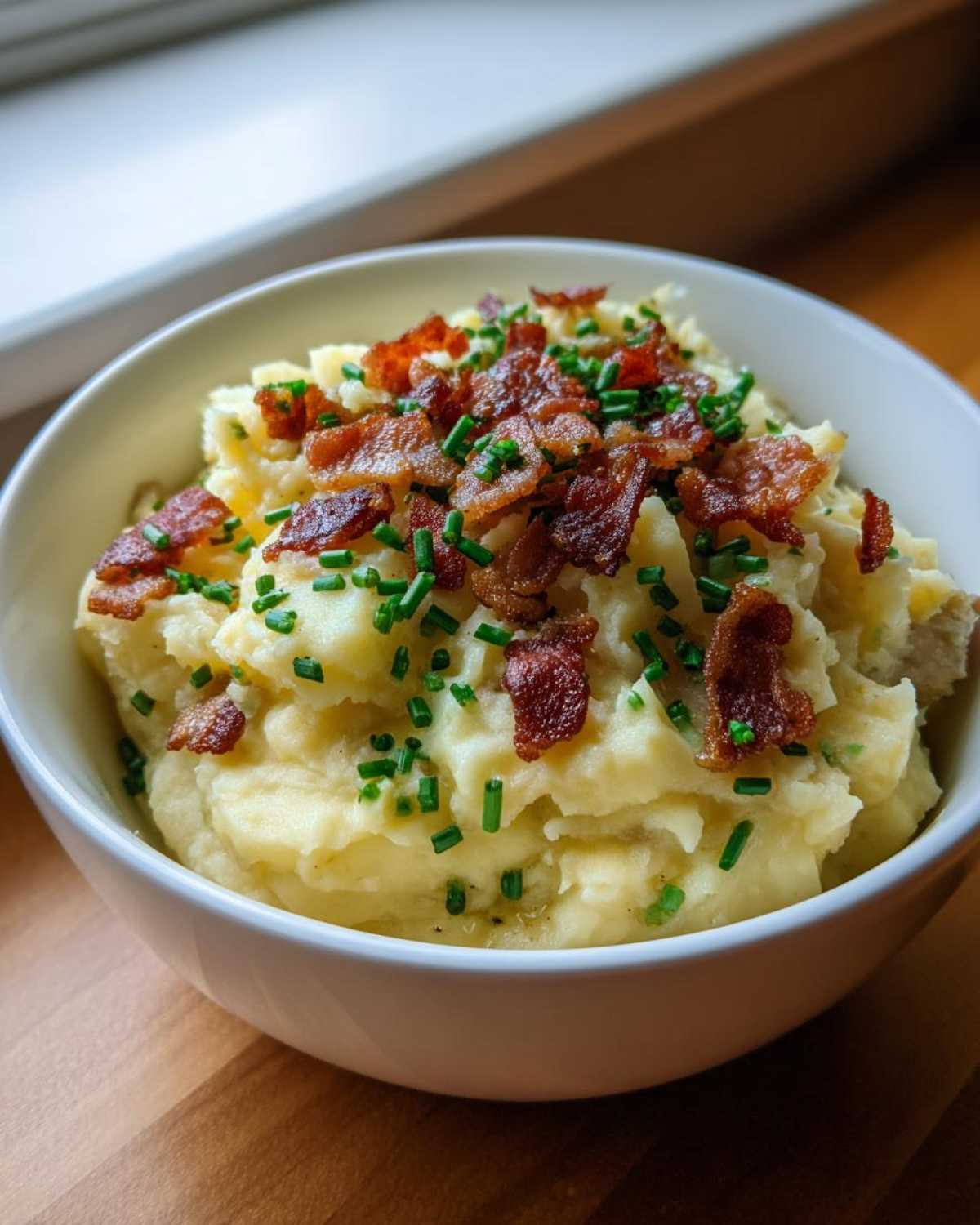 A white bowl filled with creamy Instant Pot Creamy Potato Soup with Bacon, topped generously with crispy bacon bits and fresh chives.
