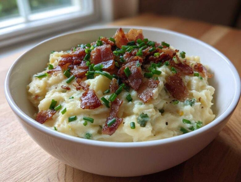 A white bowl filled with Instant Pot Creamy Potato Soup with Bacon crumbles and fresh chives.