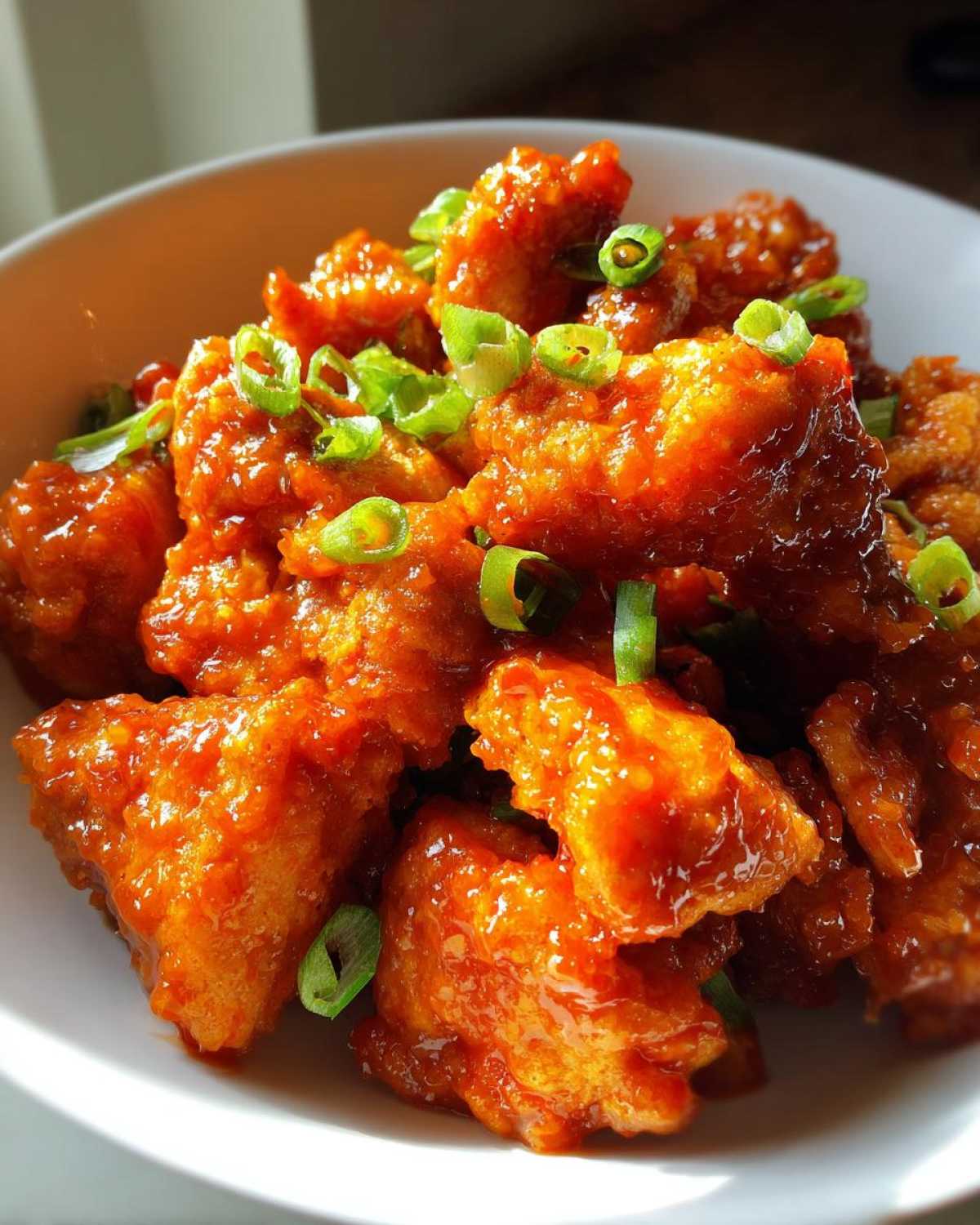 Close-up of glossy, saucy Instant Pot Honey Sriracha Chicken pieces topped with sliced green onions.