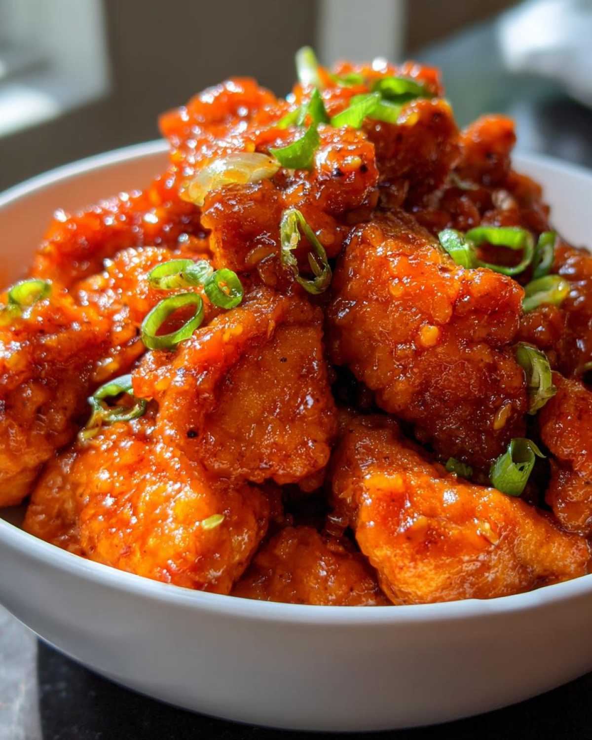 Close-up of glossy, saucy Instant Pot Honey Sriracha Chicken pieces garnished with sliced green onions in a white bowl.