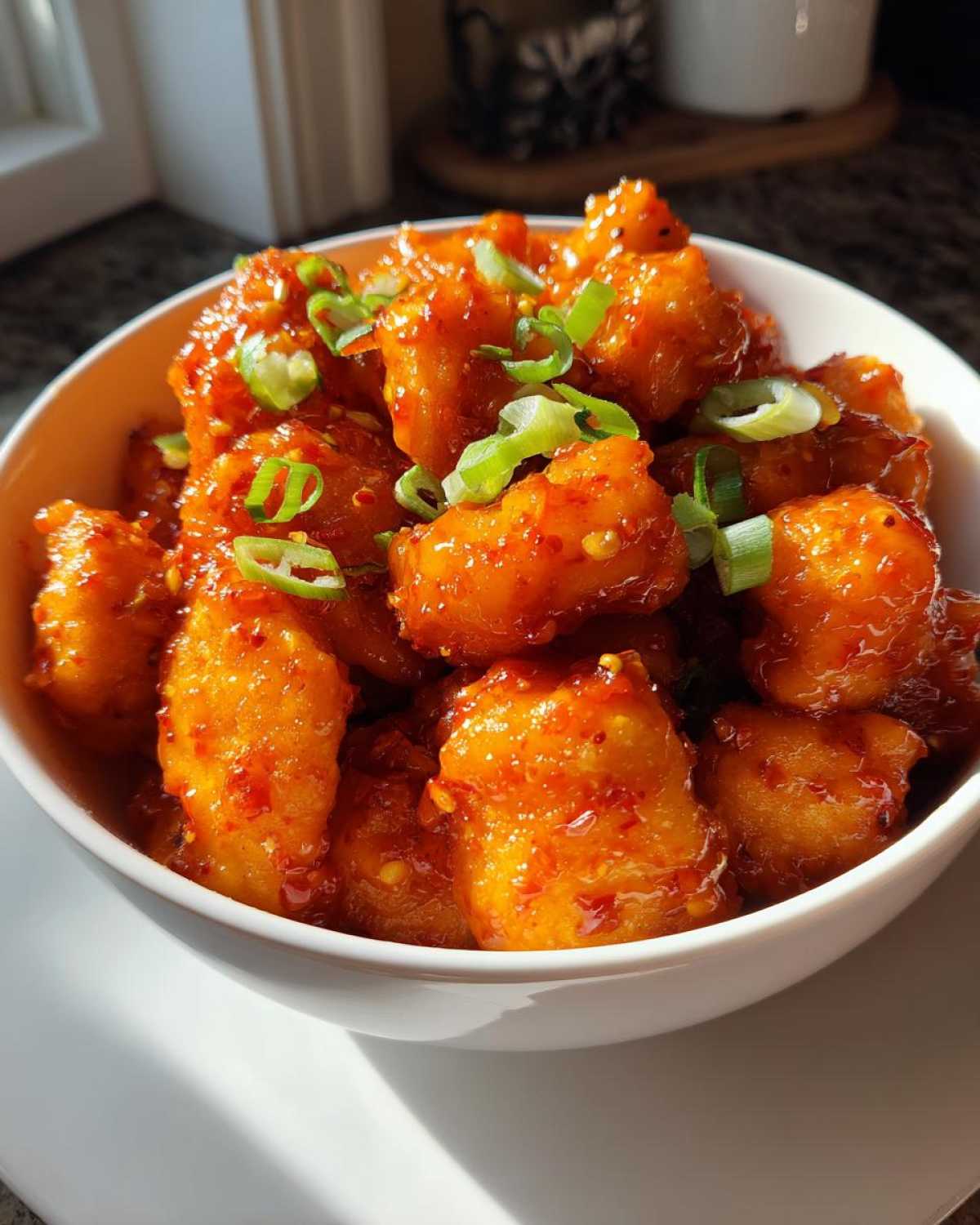 Close-up of Instant Pot Honey Sriracha Chicken pieces coated in a glossy, spicy sauce and topped with green onions.