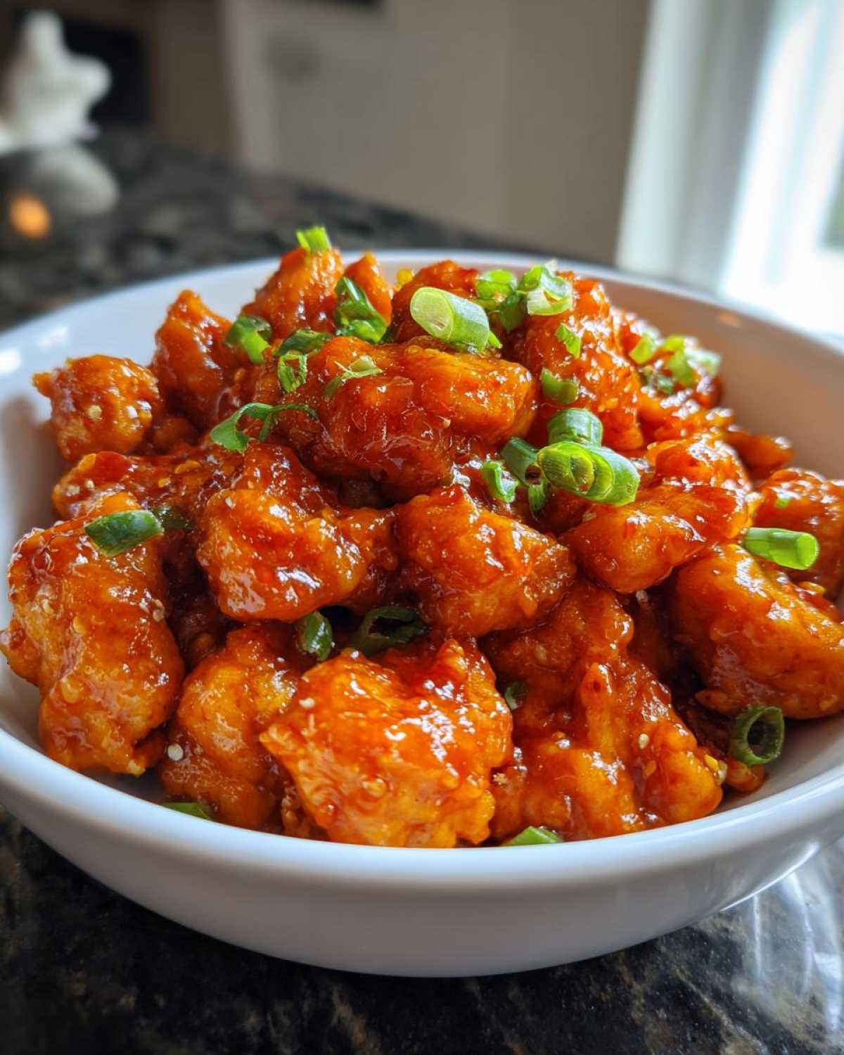 Close-up of saucy Instant Pot Honey Sriracha Chicken pieces garnished with sliced green onions in a white bowl.