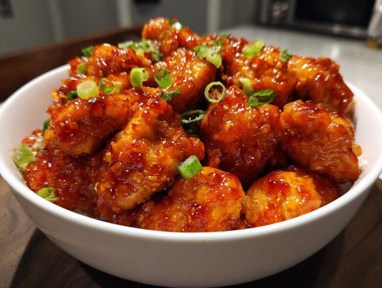 Close-up of sticky, glazed Instant Pot Honey Sriracha Chicken pieces topped with sliced green onions in a white bowl.