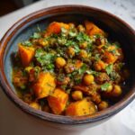 Close-up of rich Instant Pot Moroccan Chickpea Stew with large chunks of sweet potato and fresh cilantro.