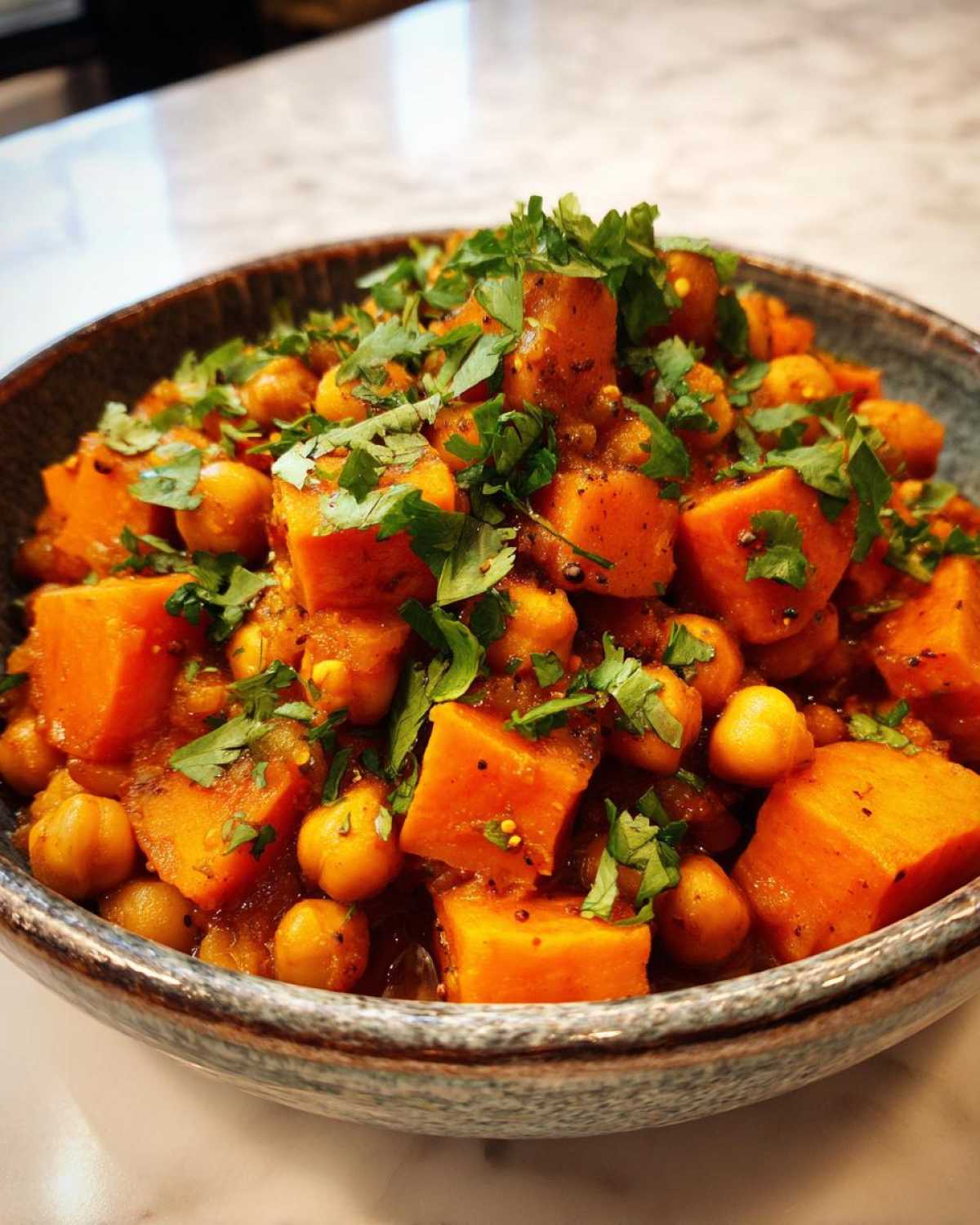 Close-up of vibrant Instant Pot Moroccan Chickpea Stew with large chunks of sweet potato and fresh cilantro.