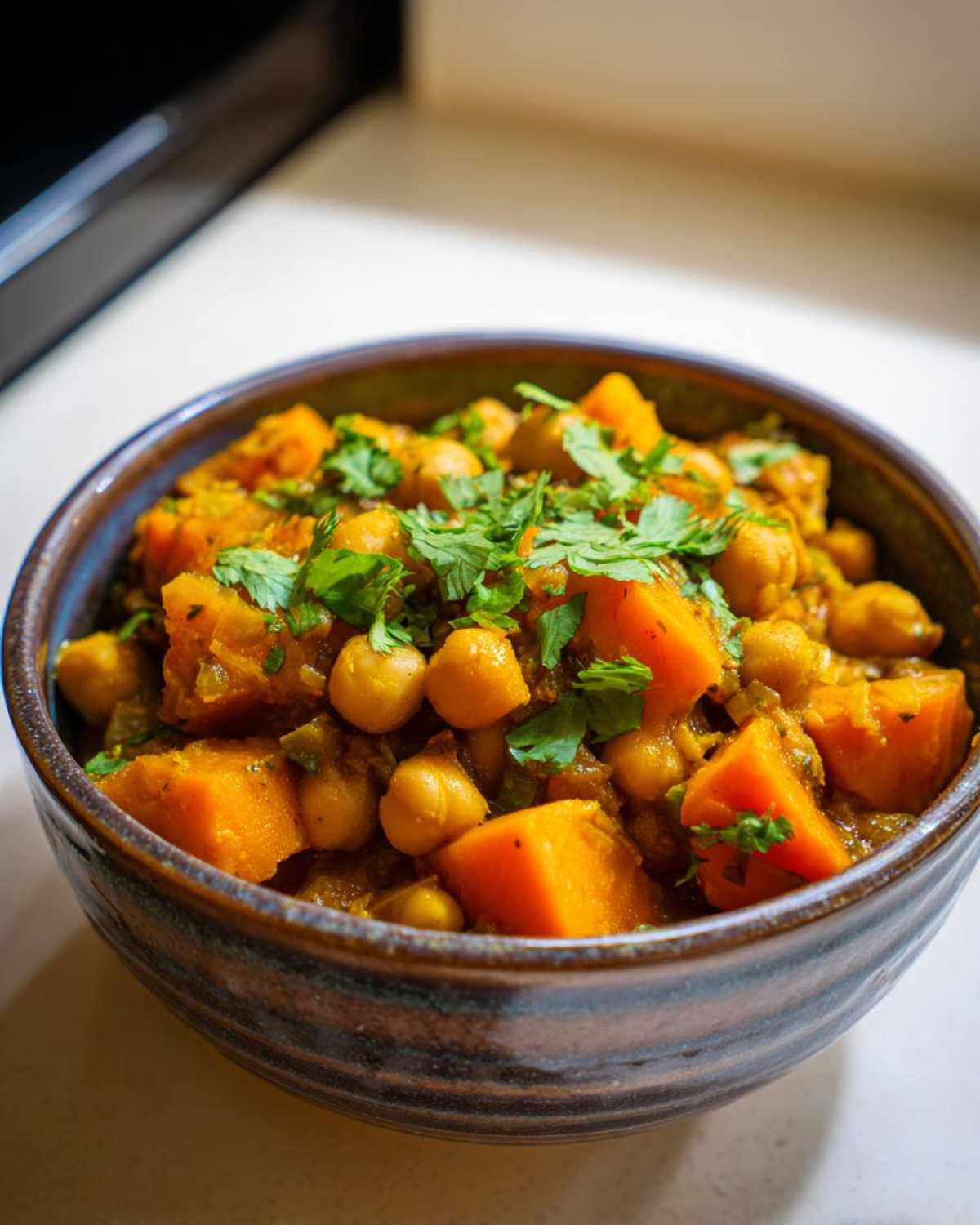 A close-up of Instant Pot Moroccan Chickpea Stew with large chunks of sweet potato and chickpeas, topped with fresh cilantro.