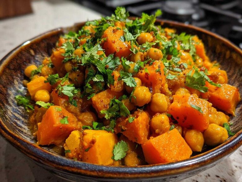 Close-up of vibrant Instant Pot Moroccan Chickpea Stew with large chunks of sweet potato and chickpeas, topped with fresh cilantro.