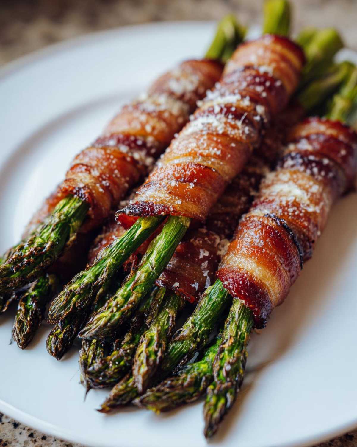 Close-up of perfectly cooked Keto Bacon Wrapped Asparagus Bundles sprinkled with Parmesan cheese on a white plate.