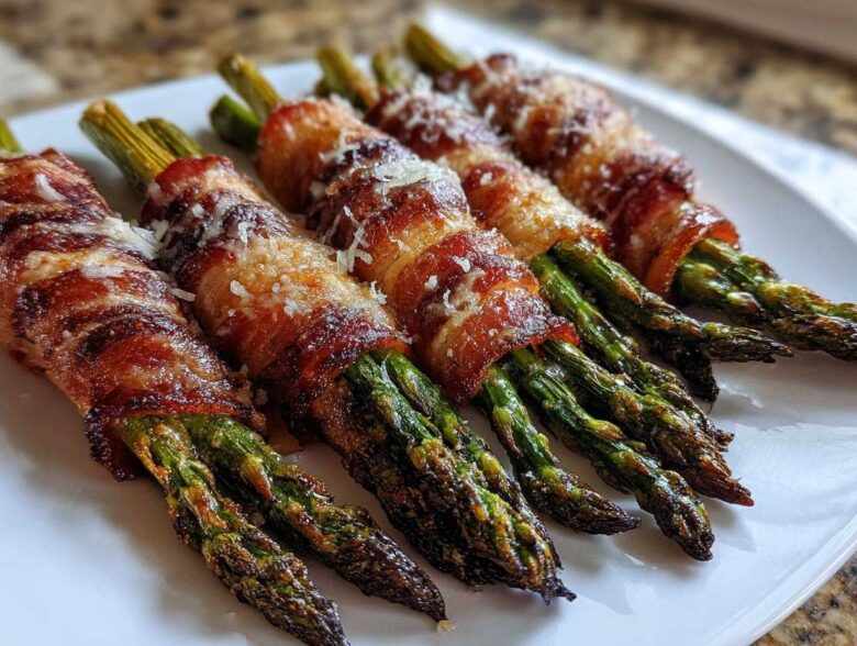 Close-up of crispy Keto Bacon Wrapped Asparagus Bundles sprinkled with Parmesan cheese on a white plate.