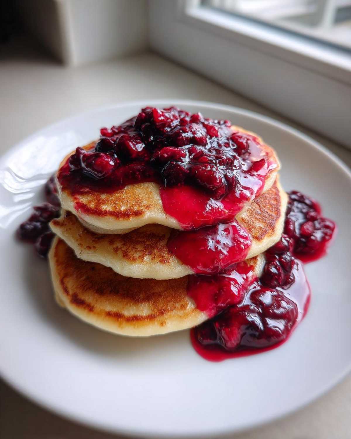 Stack of three fluffy Keto Coconut Flour Pancakes topped generously with bright red berry sauce.