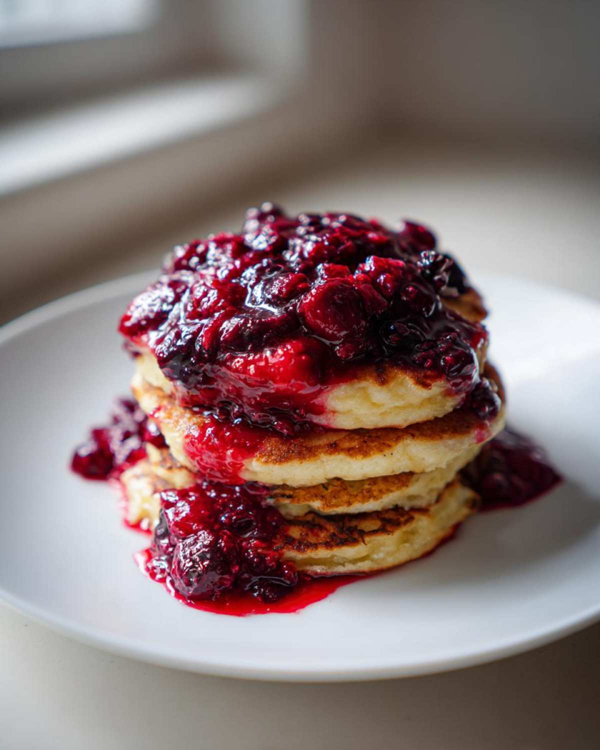 A stack of three fluffy Keto Coconut Flour Pancakes topped generously with dark, rich berry sauce.