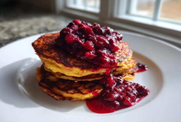 Stack of fluffy Keto Coconut Flour Pancakes topped with rich, dark berry sauce.