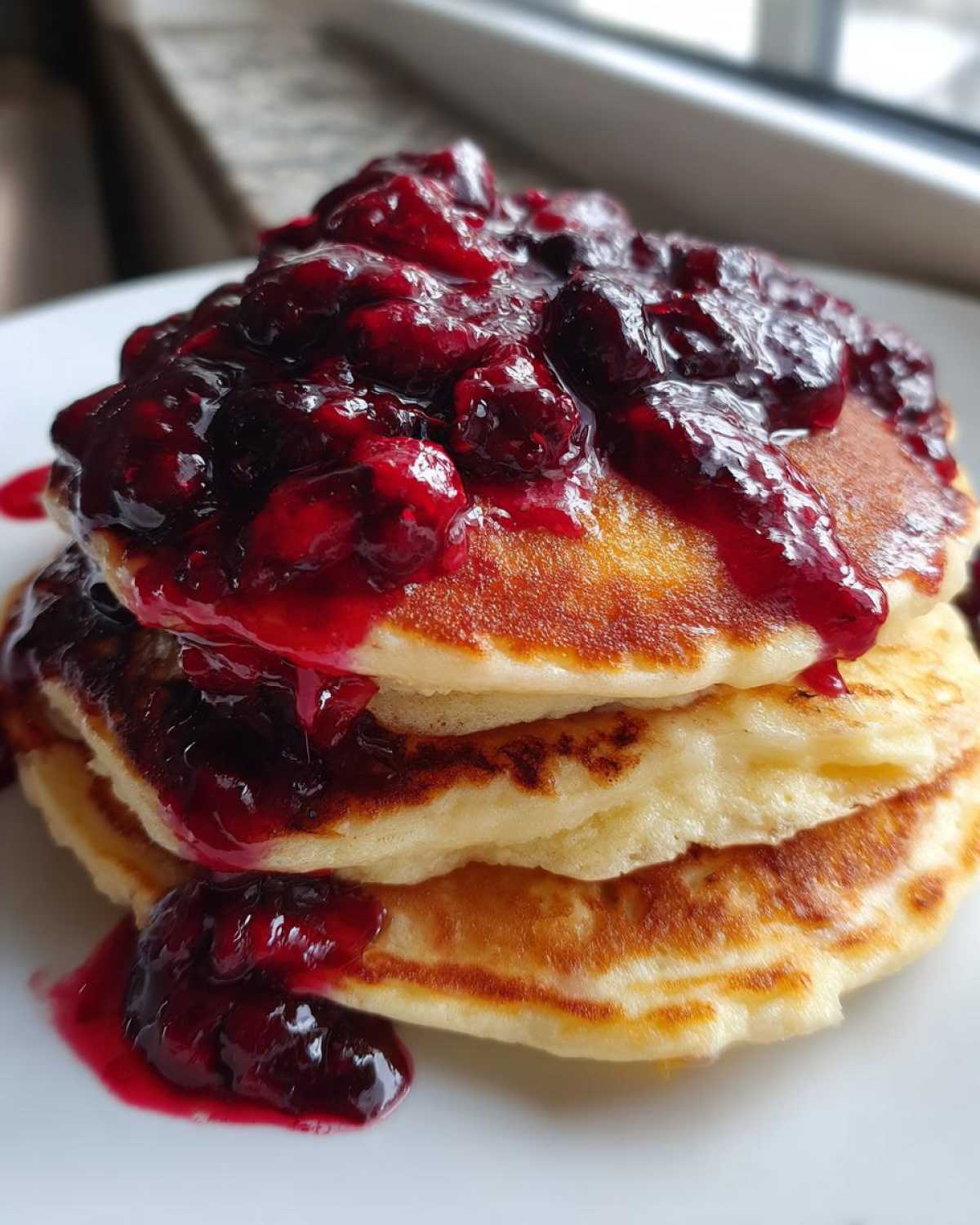 Stack of three fluffy Keto Coconut Flour Pancakes topped generously with rich, dark berry sauce.