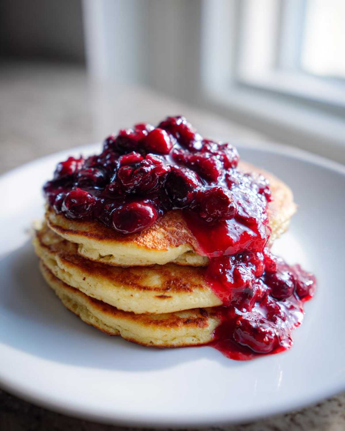 Stack of fluffy Keto Coconut Flour Pancakes topped with a generous serving of bright red berry sauce.