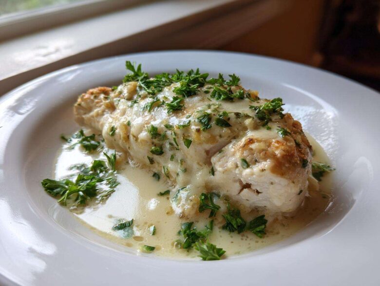 A serving of Keto Creamy Garlic Herb Chicken Bake, smothered in a rich sauce and topped with fresh parsley.