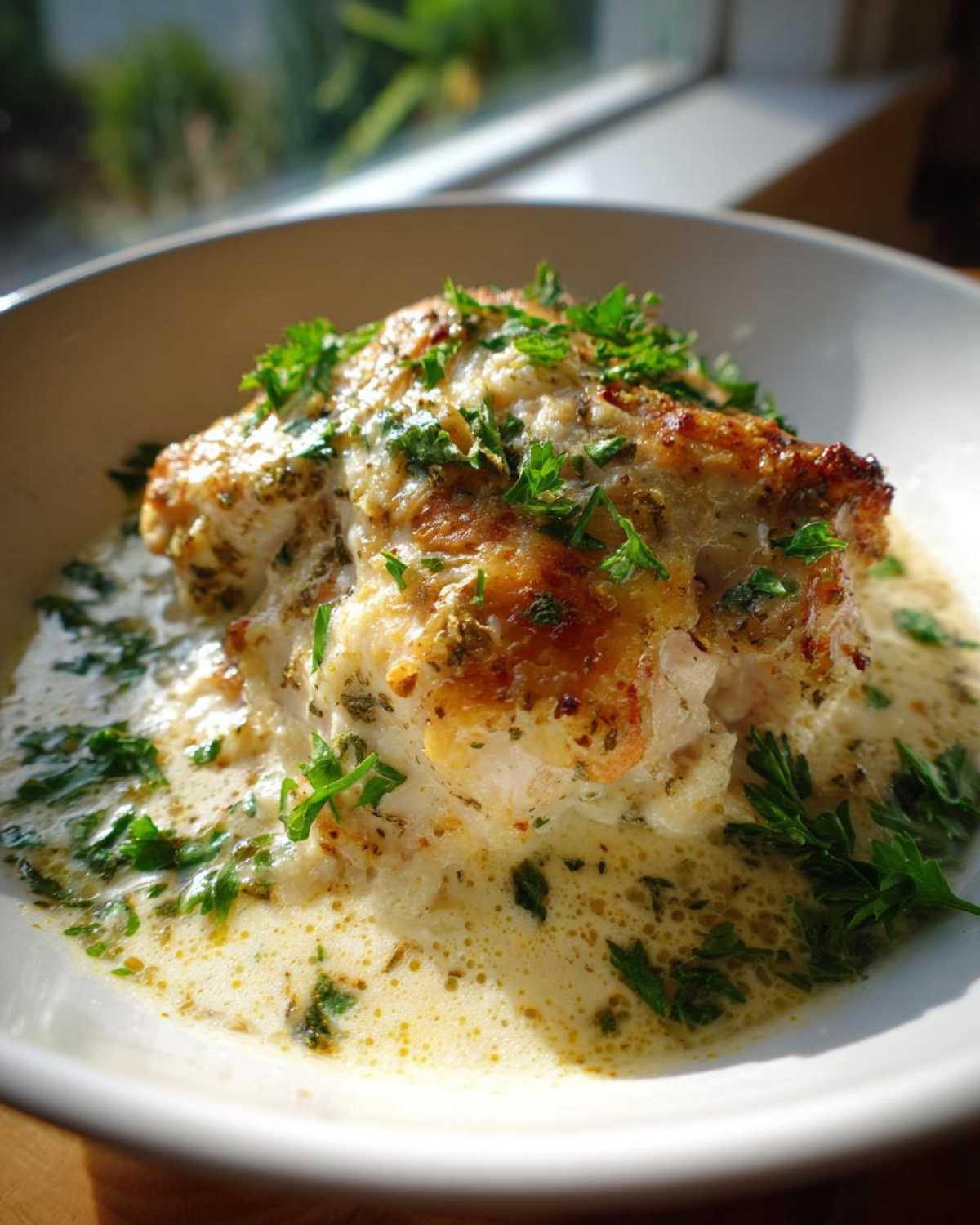 Close-up of Keto Creamy Garlic Herb Chicken Bake topped with melted cheese and fresh parsley, sitting in a rich garlic cream sauce.