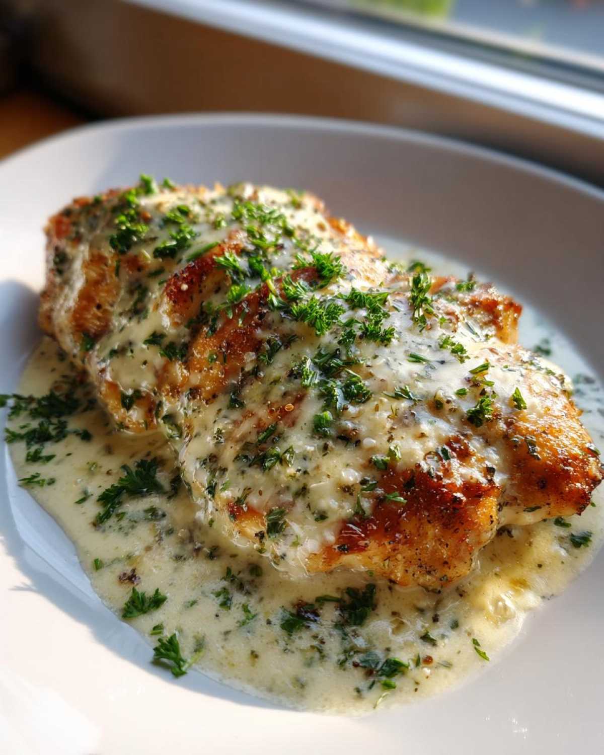 A perfectly seared piece of chicken smothered in creamy garlic herb sauce and topped with fresh parsley, part of the Keto Creamy Garlic Herb Chicken Bake.