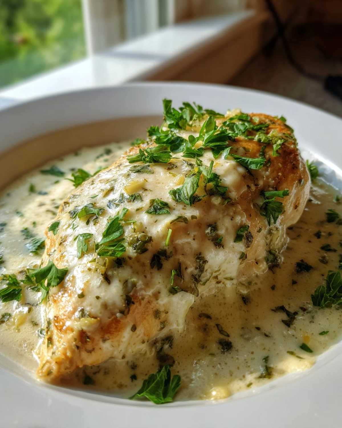 A close-up of a perfectly cooked Keto Creamy Garlic Herb Chicken Bake smothered in rich sauce and fresh parsley.