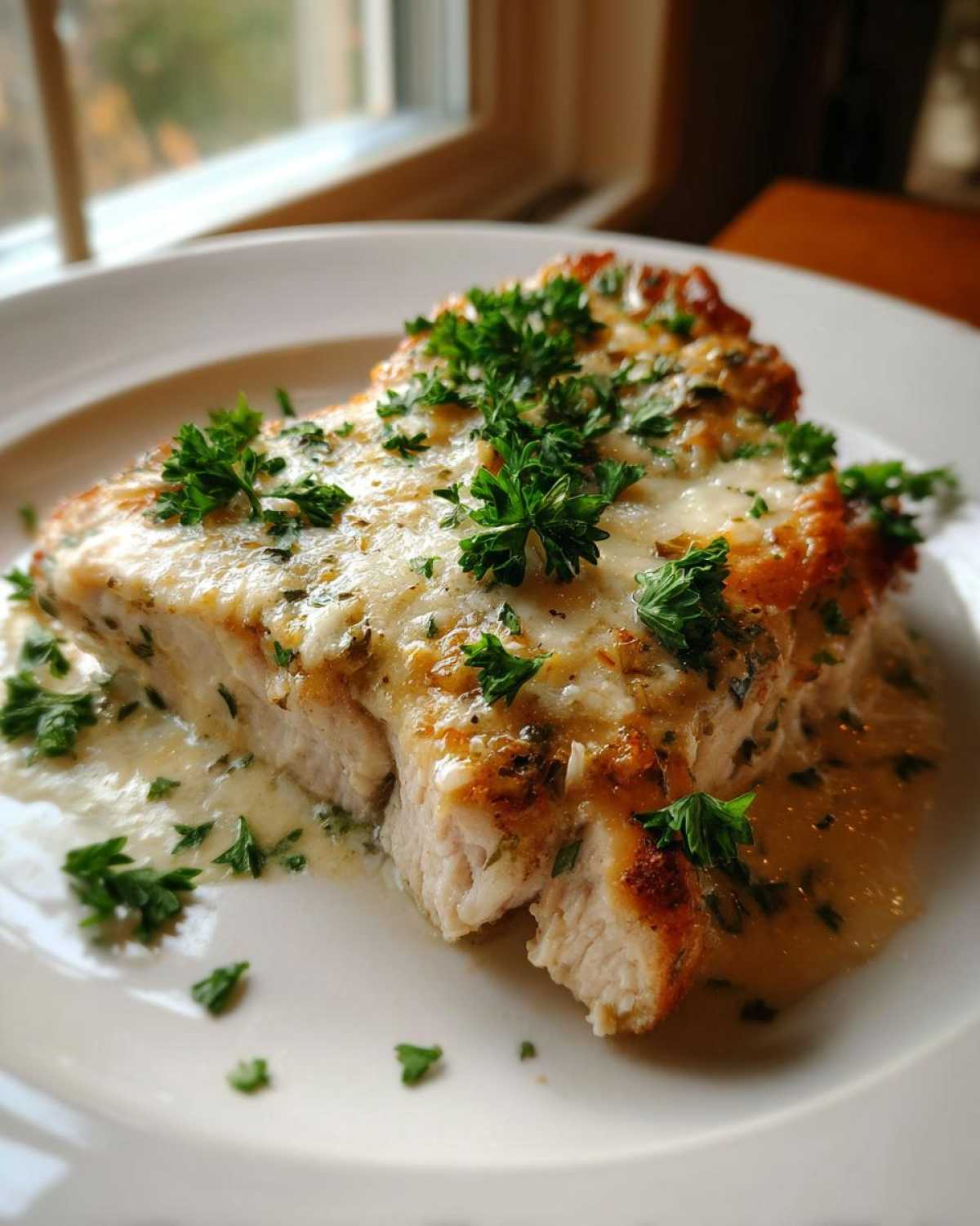 A cross-section of Keto Creamy Garlic Herb Chicken Bake topped with melted cheese and fresh parsley.