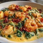 Close-up of Keto Creamy Tuscan Shrimp Skillet featuring plump shrimp, spinach, and sun-dried tomatoes in a rich sauce.