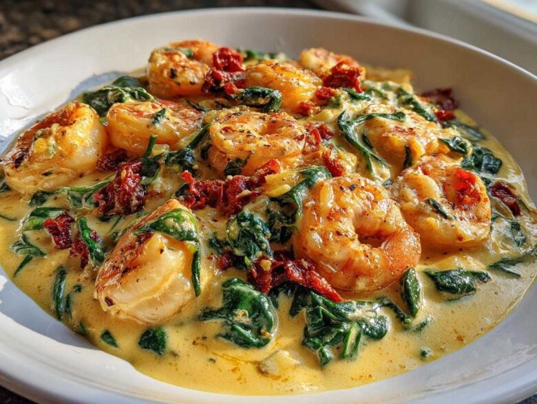 Close-up of Keto Creamy Tuscan Shrimp Skillet featuring plump shrimp, spinach, and sun-dried tomatoes in a rich sauce.