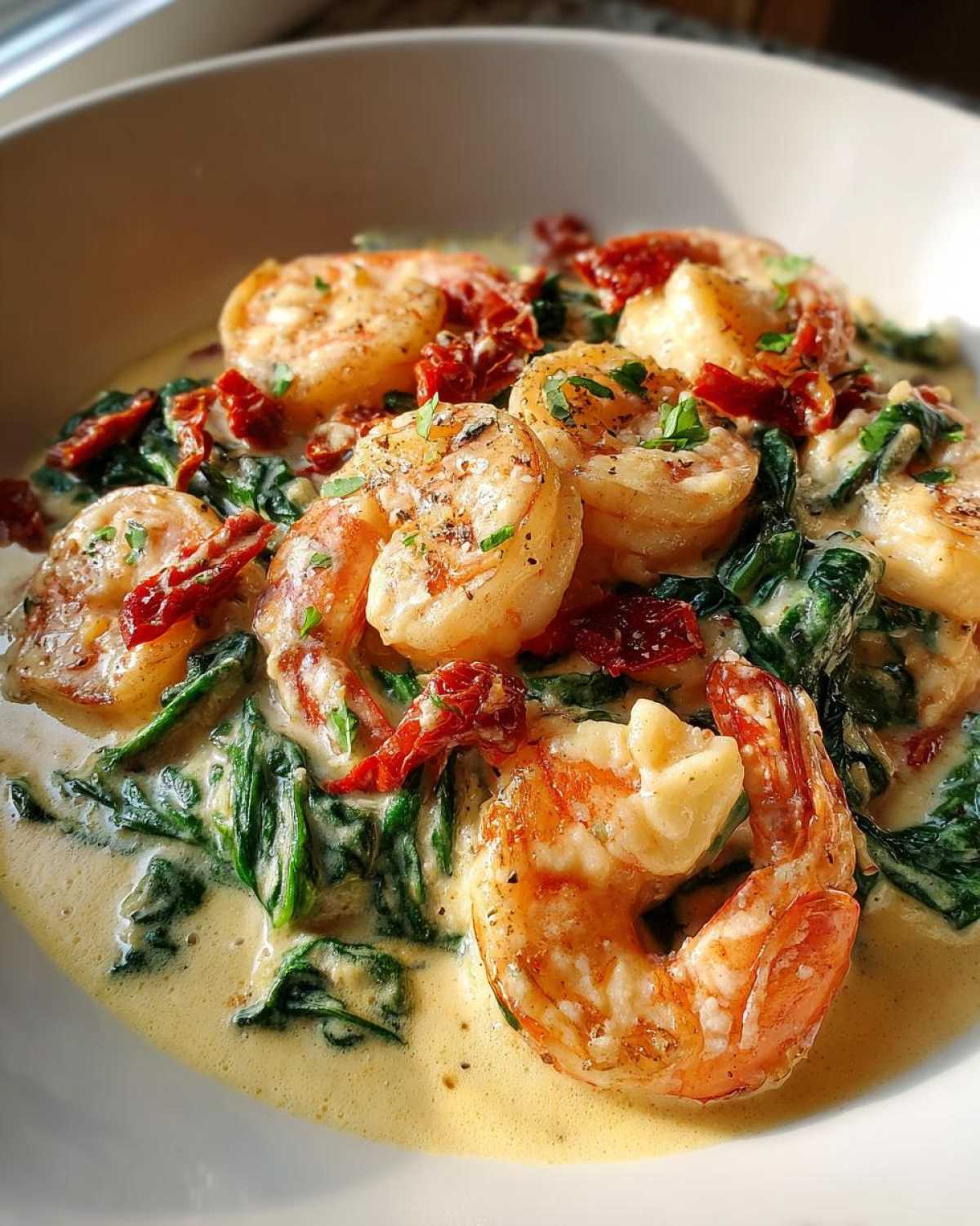 Plump shrimp served in a rich, creamy sauce with wilted spinach and sun-dried tomatoes in a Keto Creamy Tuscan Shrimp Skillet.