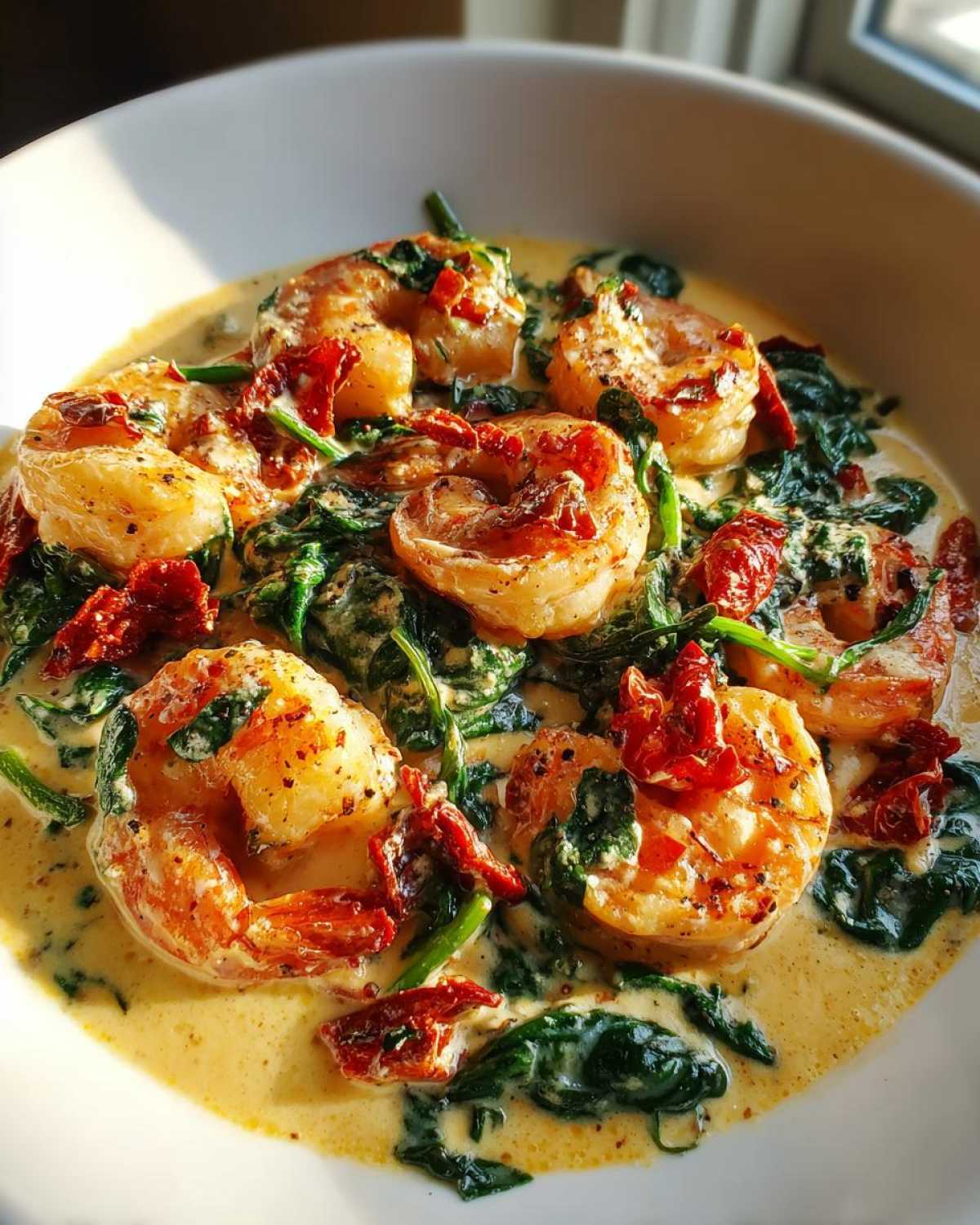 Close-up of Keto Creamy Tuscan Shrimp Skillet with shrimp, spinach, and sun-dried tomatoes in a rich sauce.