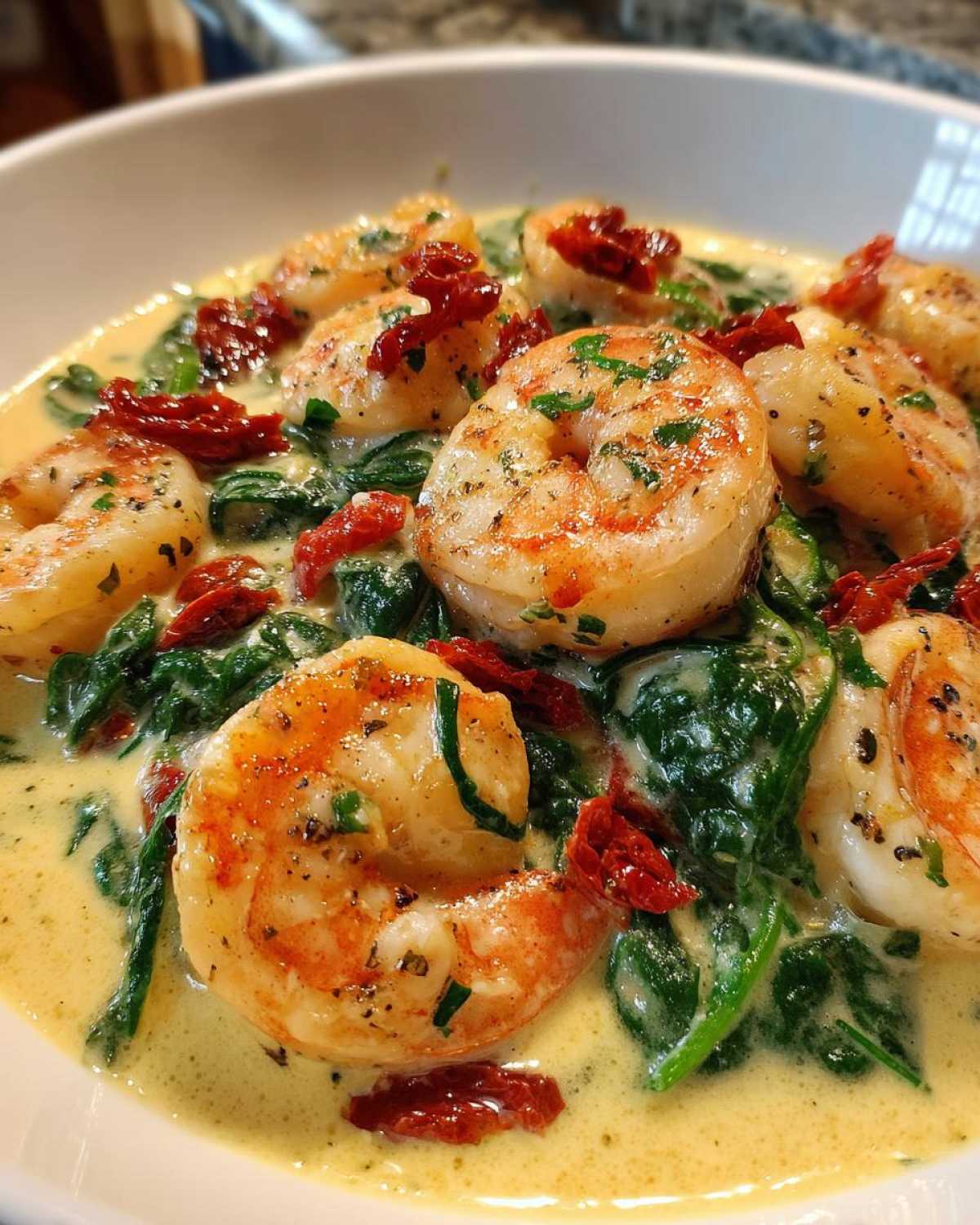 Close-up of Keto Creamy Tuscan Shrimp Skillet featuring plump shrimp, spinach, and sun-dried tomatoes in a rich cream sauce.
