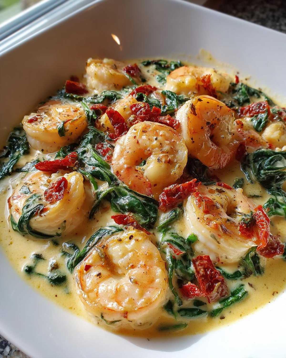 Plump shrimp served in a rich, creamy sauce with wilted spinach and sun-dried tomatoes in a Keto Creamy Tuscan Shrimp Skillet.