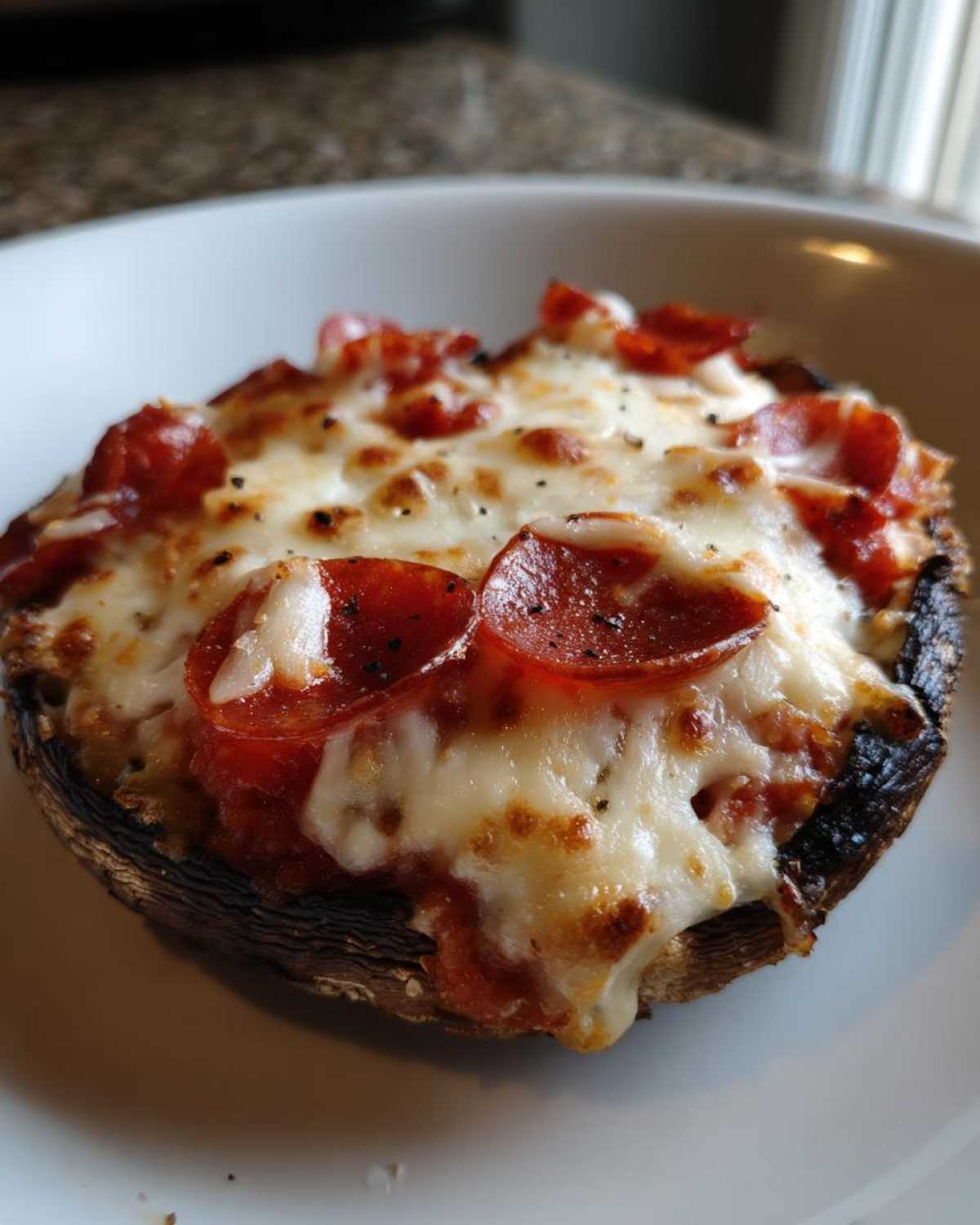 Close-up of a baked Keto Pizza Stuffed Portobello Mushroom topped with melted mozzarella and pepperoni.